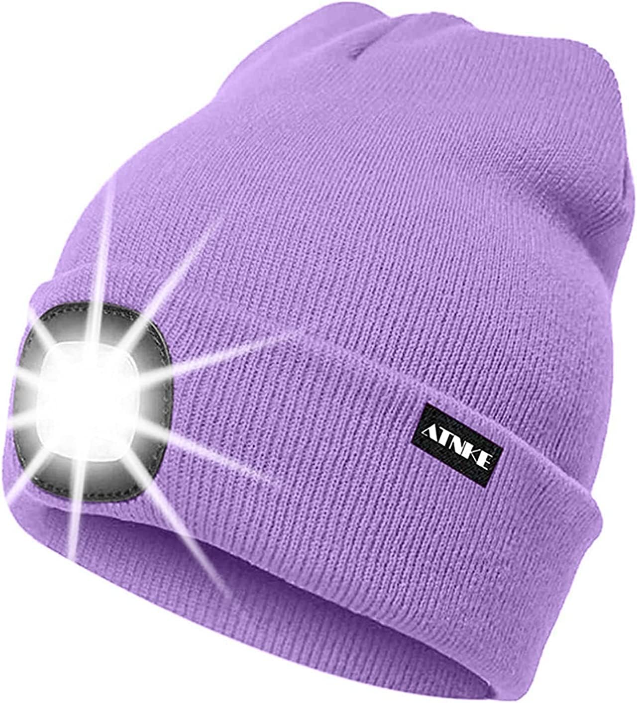 ATNKE LED Lumineux Bonnet Chapeau, USB Rechargeable 4 LED Chapeau de Course Lampe Frontale Étanche Lumière Hiver Cadeaux pour Hommes et Femmes