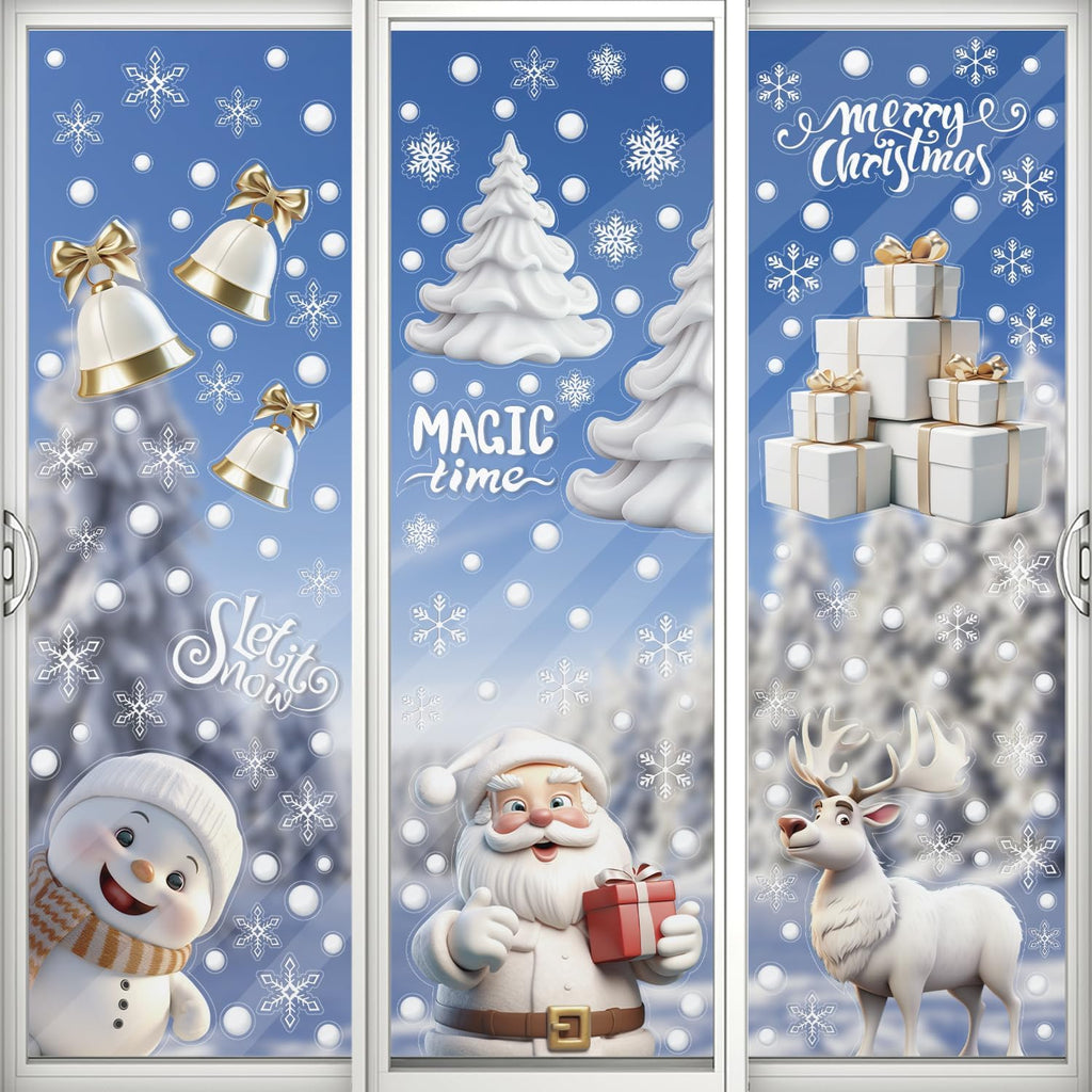 DERAYEE 8 Feuilles Sticker à Effet Stéréoscopique Blanc,141pcs Noel Autocollant Fenêtre Réutilisable,Stickers Noël Fenetre PVC,Flocons de Neige Père Noël,Renne,Cloches