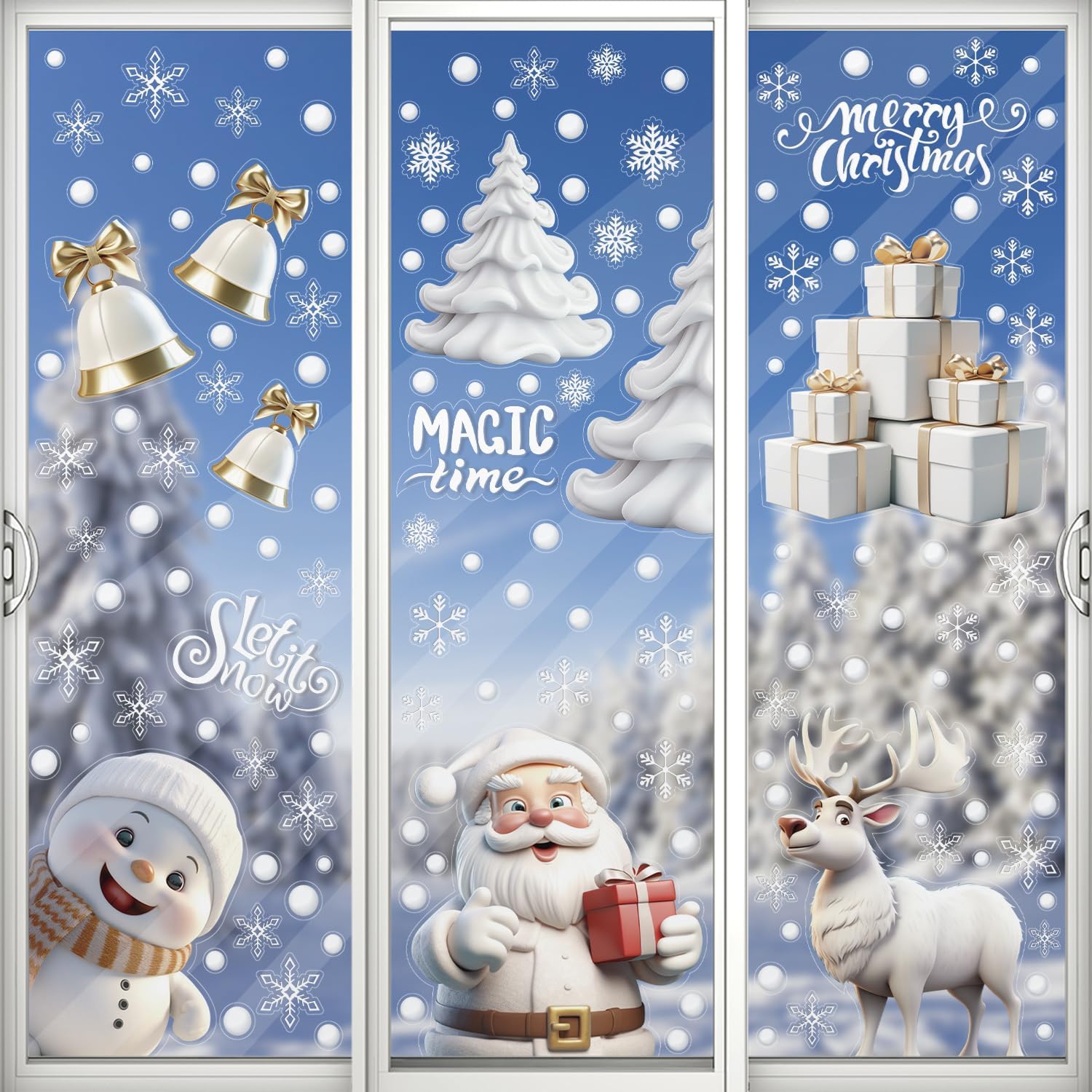 DERAYEE 8 Feuilles Sticker à Effet Stéréoscopique Blanc,141pcs Noel Autocollant Fenêtre Réutilisable,Stickers Noël Fenetre PVC,Flocons de Neige Père Noël,Renne,Cloches