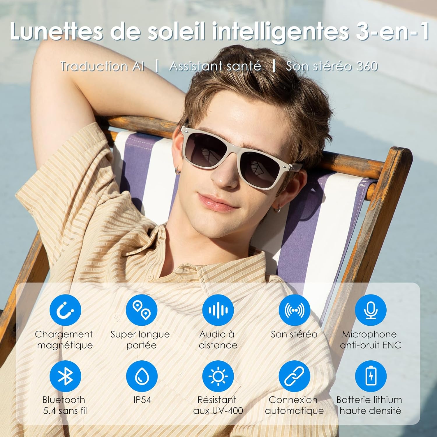 GetD Lunettes AI,Assistant AI optimisé par ChatGPT,Traduction AI,Lunettes intelligentes,Lunettes de Soleil polarisées,Lunettes de Musique Bluetooth Batterie Hommes/Femmes,Écouteurs et Lunettes 2 en 1