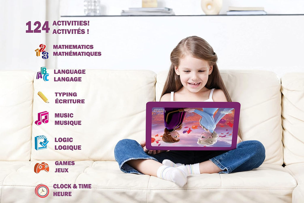 Lexibook, La Reine des Neiges, Ordinateur Éducatif Bilingue FRANÇAIS/Anglais, Jouet Filles avec 124 Activités pour Apprendre, S'amuser et Jouer du Piano, Bleu/Violet, JC598FZi1