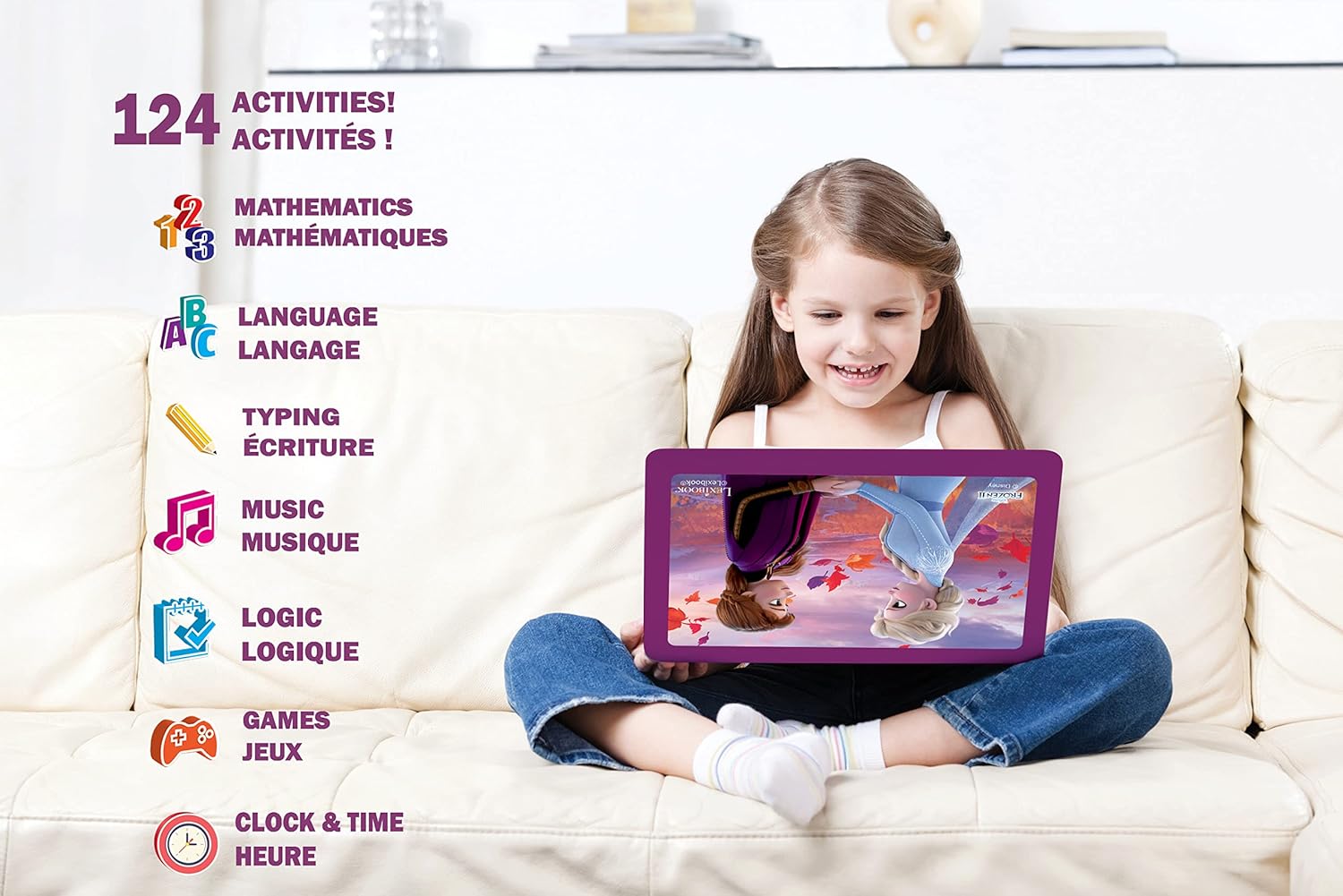 Lexibook, La Reine des Neiges, Ordinateur Éducatif Bilingue FRANÇAIS/Anglais, Jouet Filles avec 124 Activités pour Apprendre, S'amuser et Jouer du Piano, Bleu/Violet, JC598FZi1