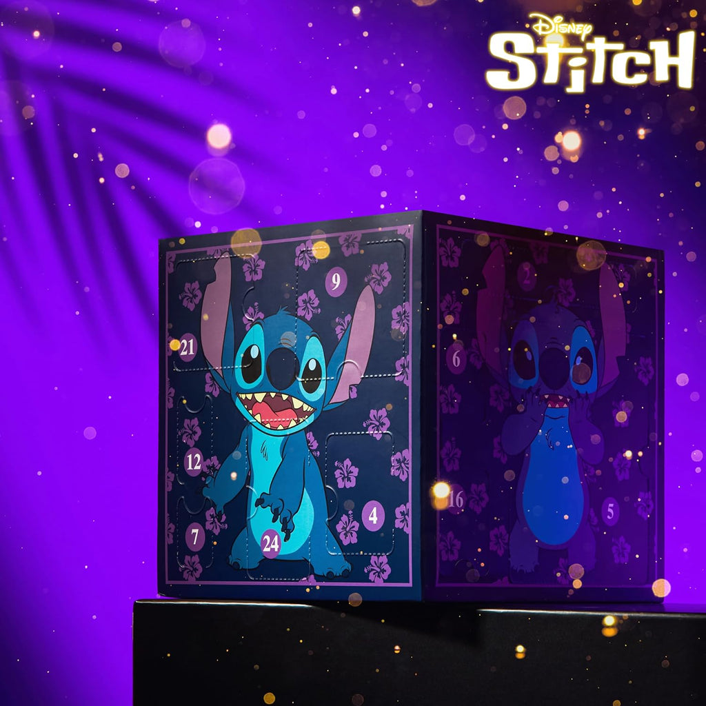 Disney Stitch Calendrier de l'Avent 2025 Compte à Rebours Noel 24 Surprises Papeterie Original et Accessoires Kawaii Collier Porte-clés Stylo (Violet Stitch Cube)