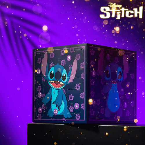 Disney Stitch Calendrier de l'Avent 2025 Compte à Rebours Noel 24 Surprises Papeterie Original et Accessoires Kawaii Collier Porte-clés Stylo (Violet Stitch Cube)