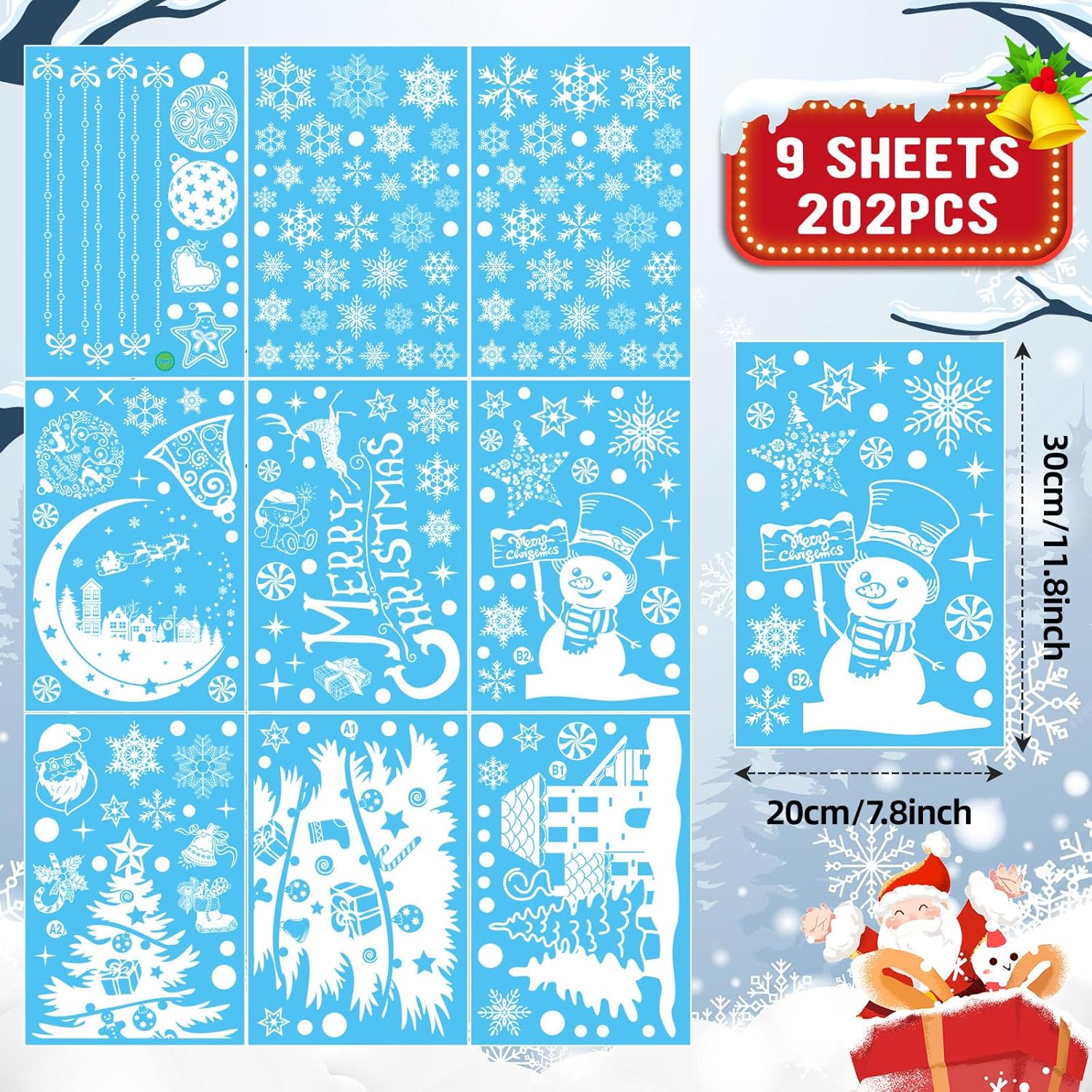 Stickers Noel Fenetre Réutilisable, 202 Autocollant Noel Fenetre Electrostatique Decoration Noel Fenetre, PVC Sapin Flocon de Neige Stickers Fenetre Noel pour Vitre Porte Deco Noel Fenetre Interieur