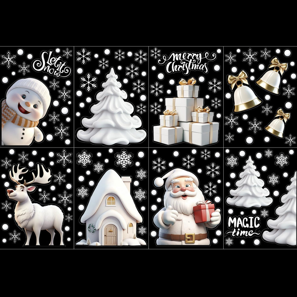 DERAYEE 8 Feuilles Sticker à Effet Stéréoscopique Blanc,141pcs Noel Autocollant Fenêtre Réutilisable,Stickers Noël Fenetre PVC,Flocons de Neige Père Noël,Renne,Cloches