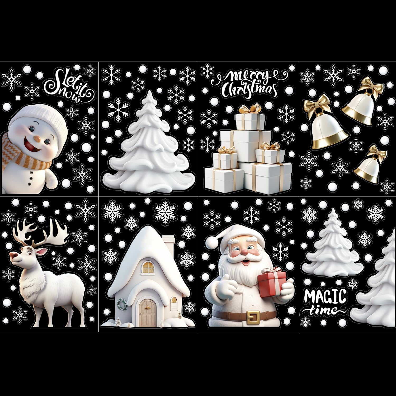 DERAYEE 8 Feuilles Sticker à Effet Stéréoscopique Blanc,141pcs Noel Autocollant Fenêtre Réutilisable,Stickers Noël Fenetre PVC,Flocons de Neige Père Noël,Renne,Cloches