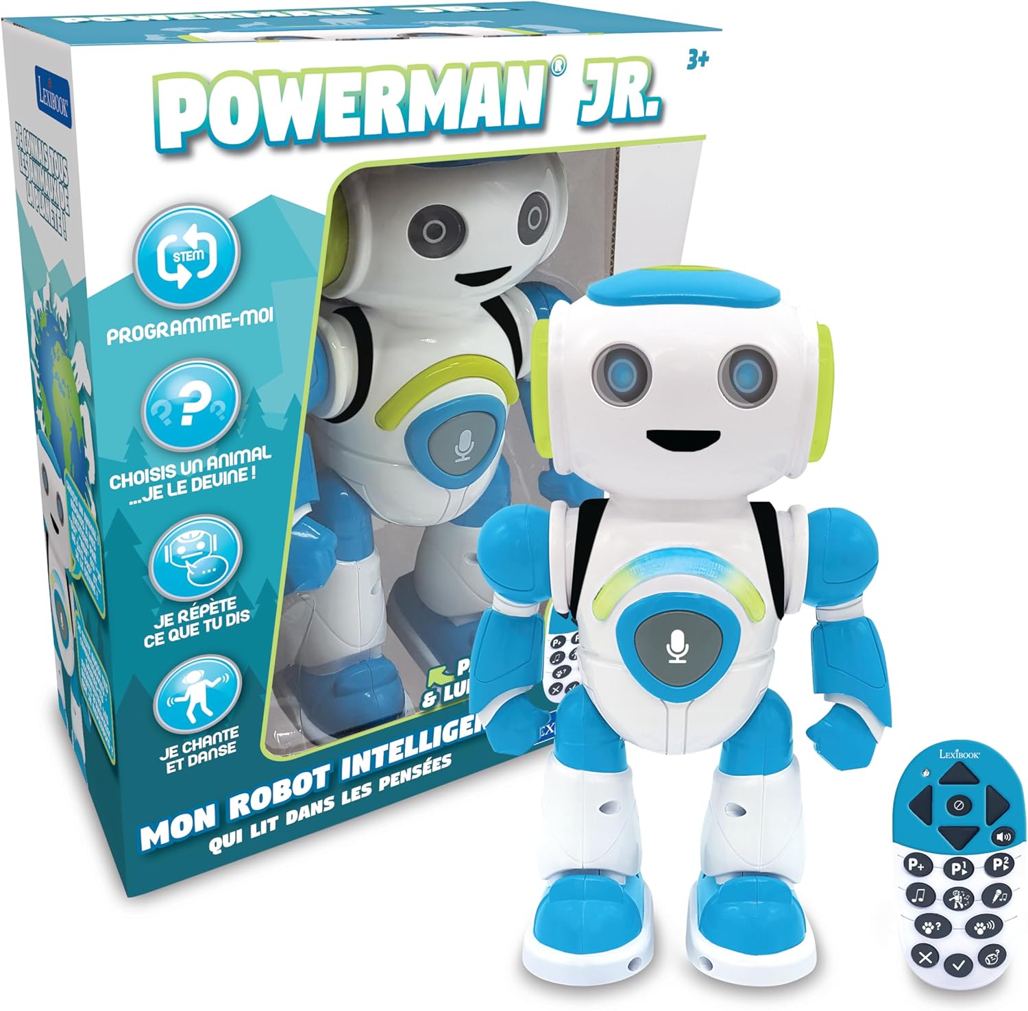 Lexibook - Powerman Jr. Robot Intelligent Qui lit dans Les pensées - Jouet pour garçons et Filles - Powerman Junior Danse Joue de la Musique Quiz Animaux karaoké programmable STEM Vert/Bleu - ROB20FR