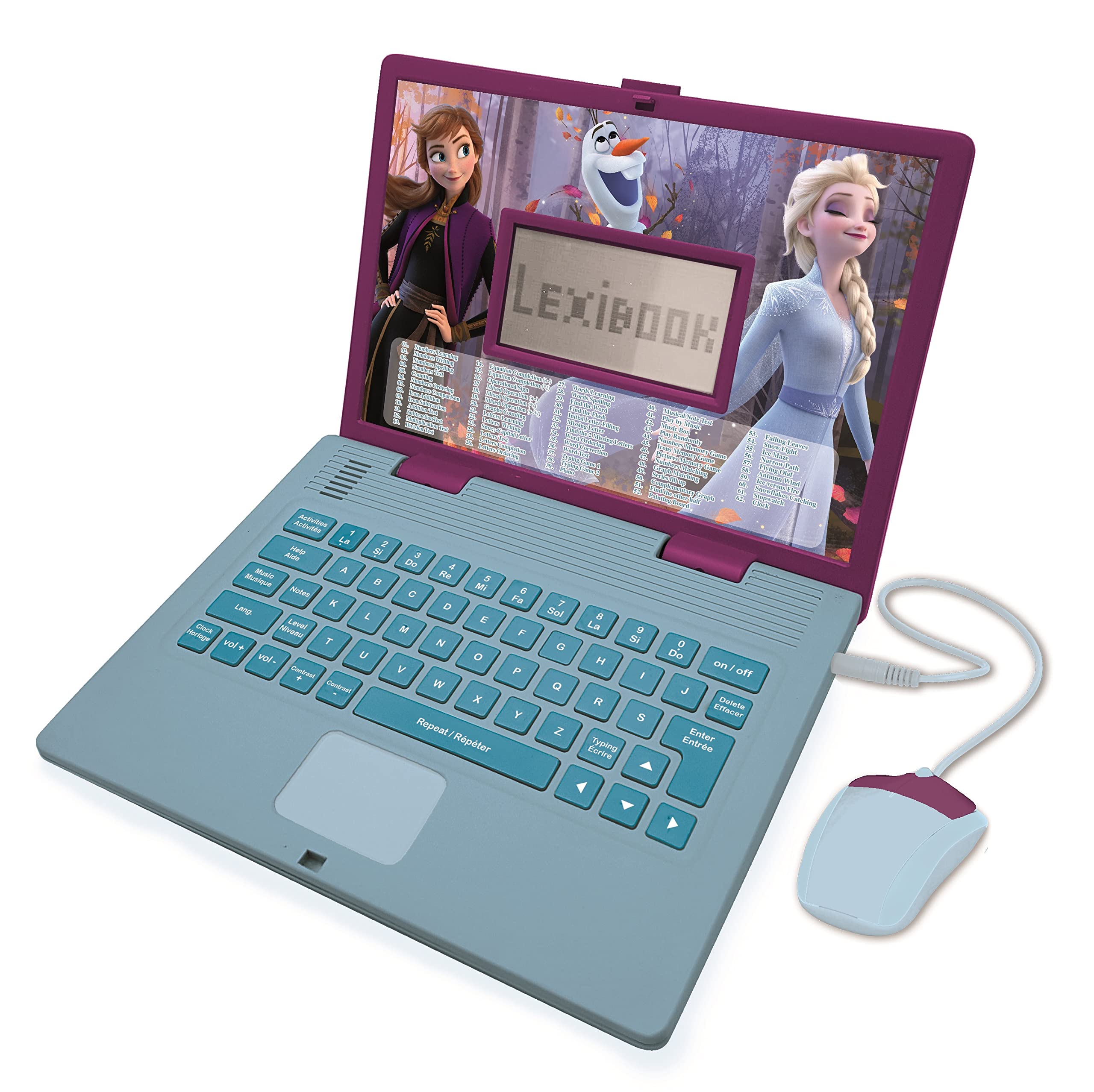 Lexibook, La Reine des Neiges, Ordinateur Éducatif Bilingue FRANÇAIS/Anglais, Jouet Filles avec 124 Activités pour Apprendre, S'amuser et Jouer du Piano, Bleu/Violet, JC598FZi1