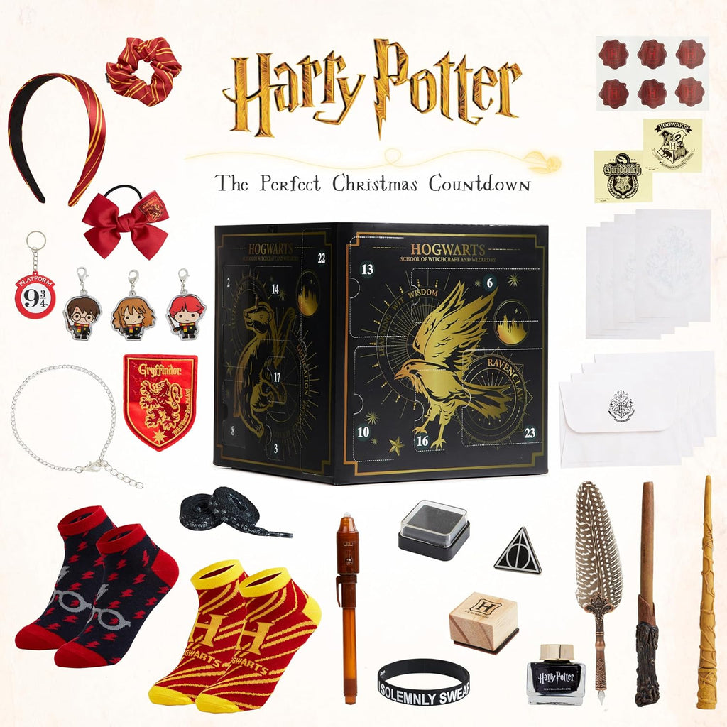 Harry Potter Calendrier de l'Avent 2025 Fille Ado Femme 24 Surprises Magiques, Papeterie Chaussettes Noel Accessoires, Compte à Rebours de Noël (Noir Cube)