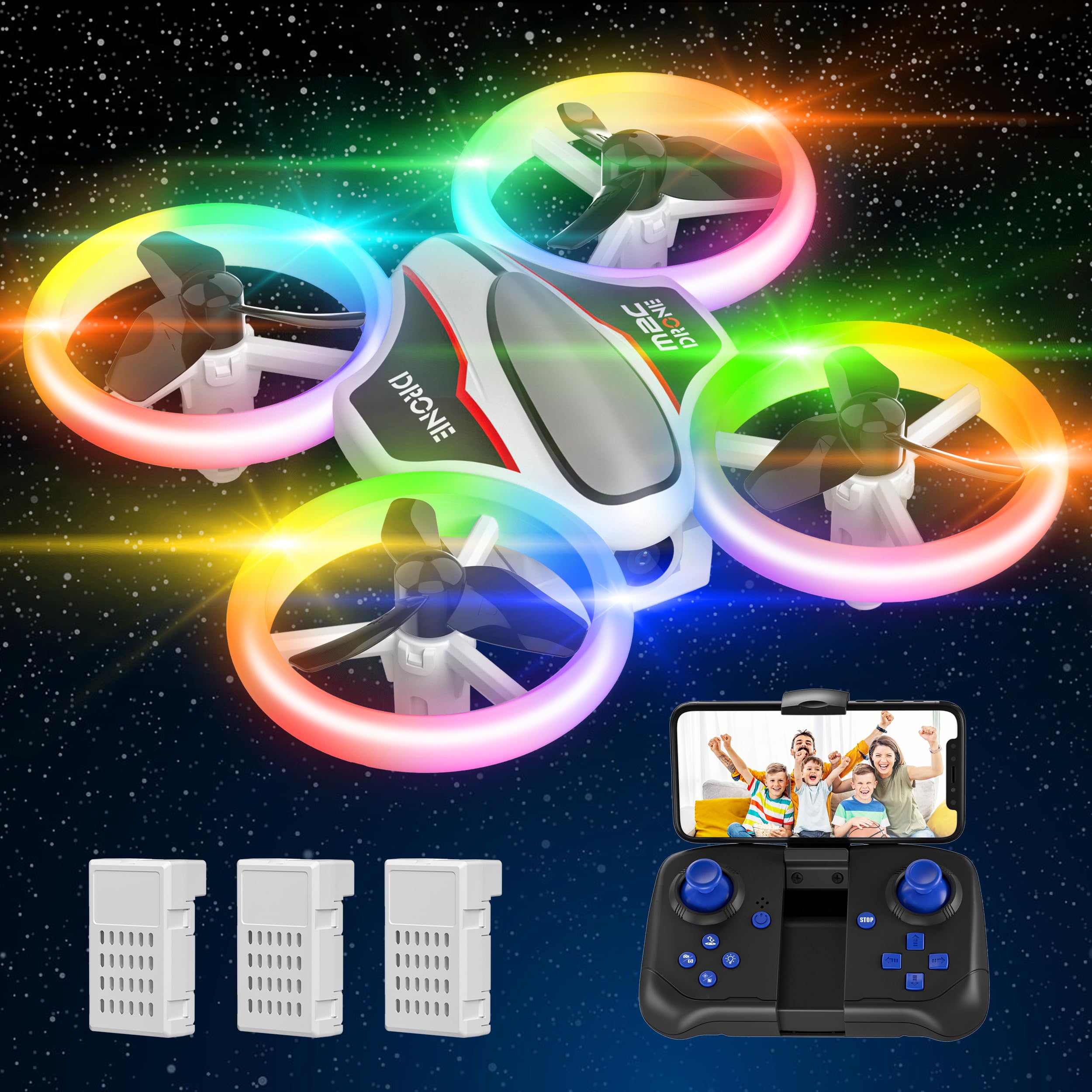 Mini Drone avec Caméra 1080P HD, Drone avec Lumières LED pour Enfant, Quadricoptère Hélicoptère RC avec 3 Batteries 21 Mins Jouet Cadeau pour Garçons et Filles