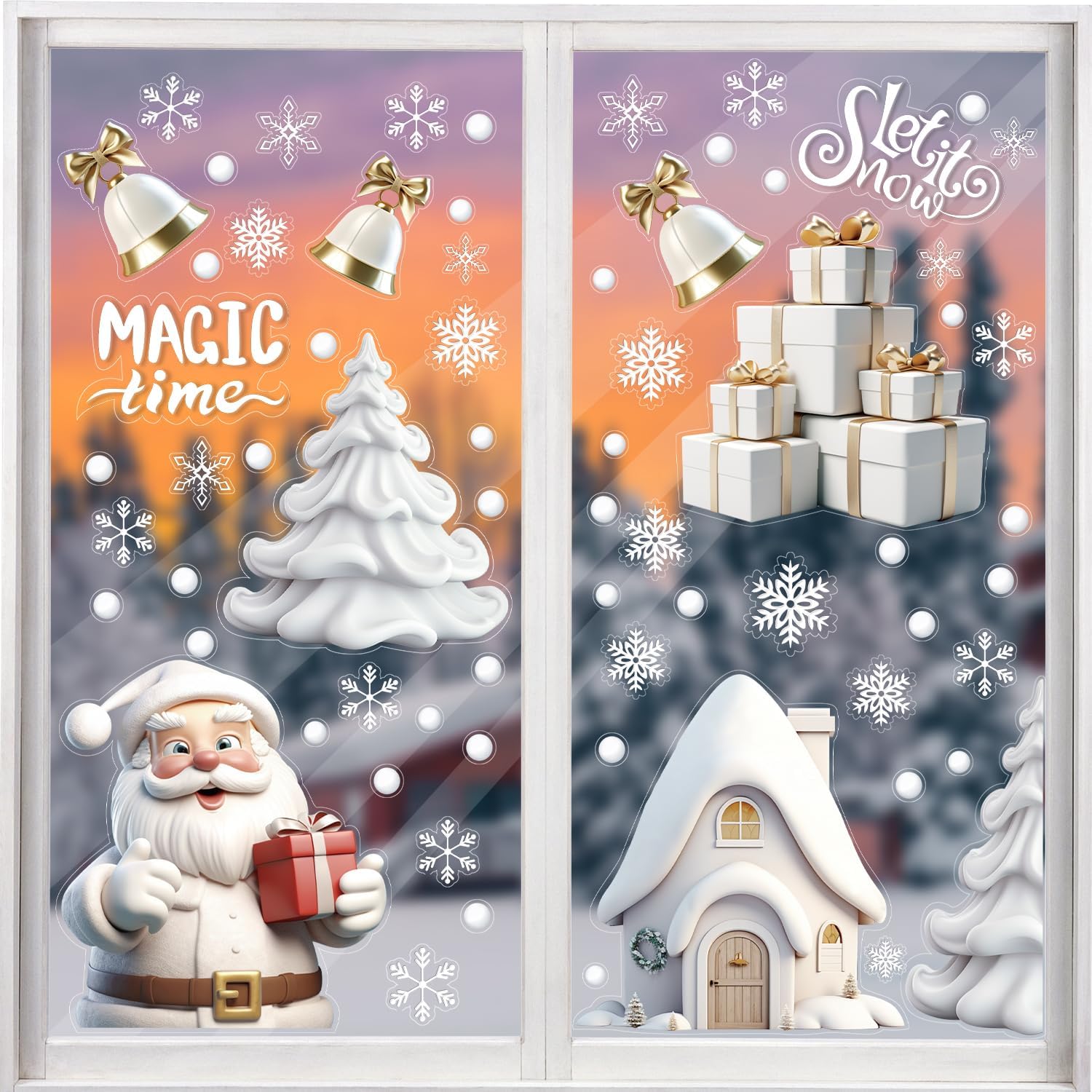 DERAYEE 8 Feuilles Sticker à Effet Stéréoscopique Blanc,141pcs Noel Autocollant Fenêtre Réutilisable,Stickers Noël Fenetre PVC,Flocons de Neige Père Noël,Renne,Cloches