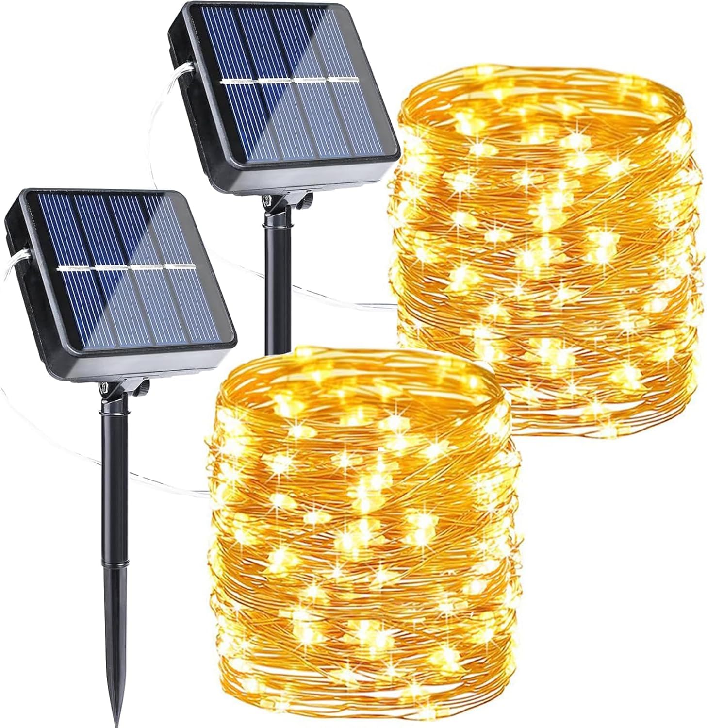 Joomer Lot de 2 Guirlande Solaire Exterieur Jardin, 12m 120LED Lumineuse Étanche, 8 Modes Guirlande Lumineuse Exterieure Solaire Fil de Cuivre pour Jardin Terrasse Cour Noël Mariage Fête, Blanc Chaud