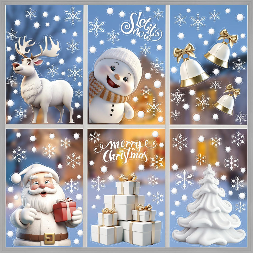 DERAYEE 8 Feuilles Sticker à Effet Stéréoscopique Blanc,141pcs Noel Autocollant Fenêtre Réutilisable,Stickers Noël Fenetre PVC,Flocons de Neige Père Noël,Renne,Cloches