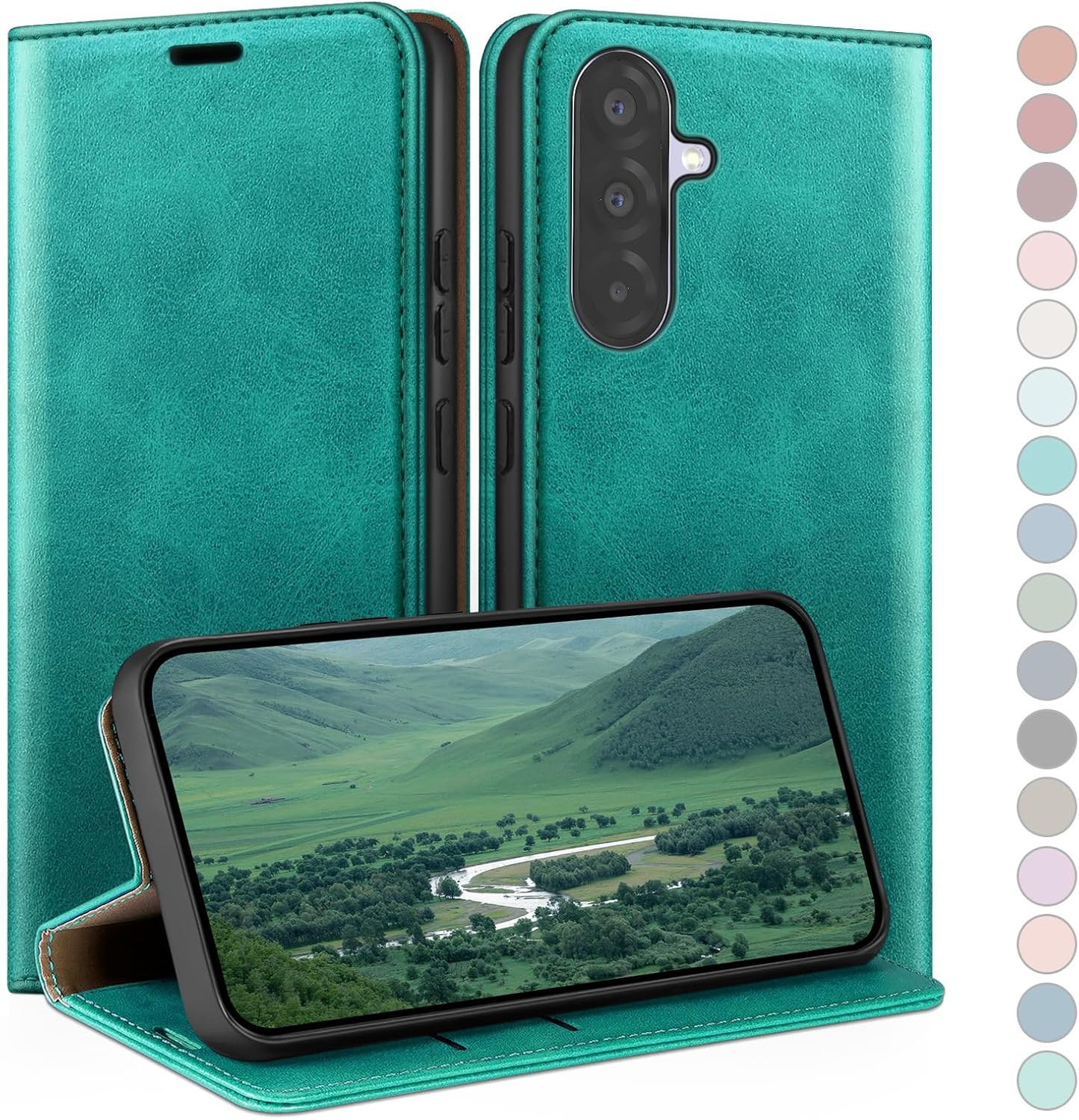 Coque pour Samsung Galaxy A56 avec RFID Blocage Etui à Rabat en Cuir de Premium,Fentes pour Cartes,Coques de Case,Cover à Rabat pour Samsung A56 Portefeuille Bleu Vert