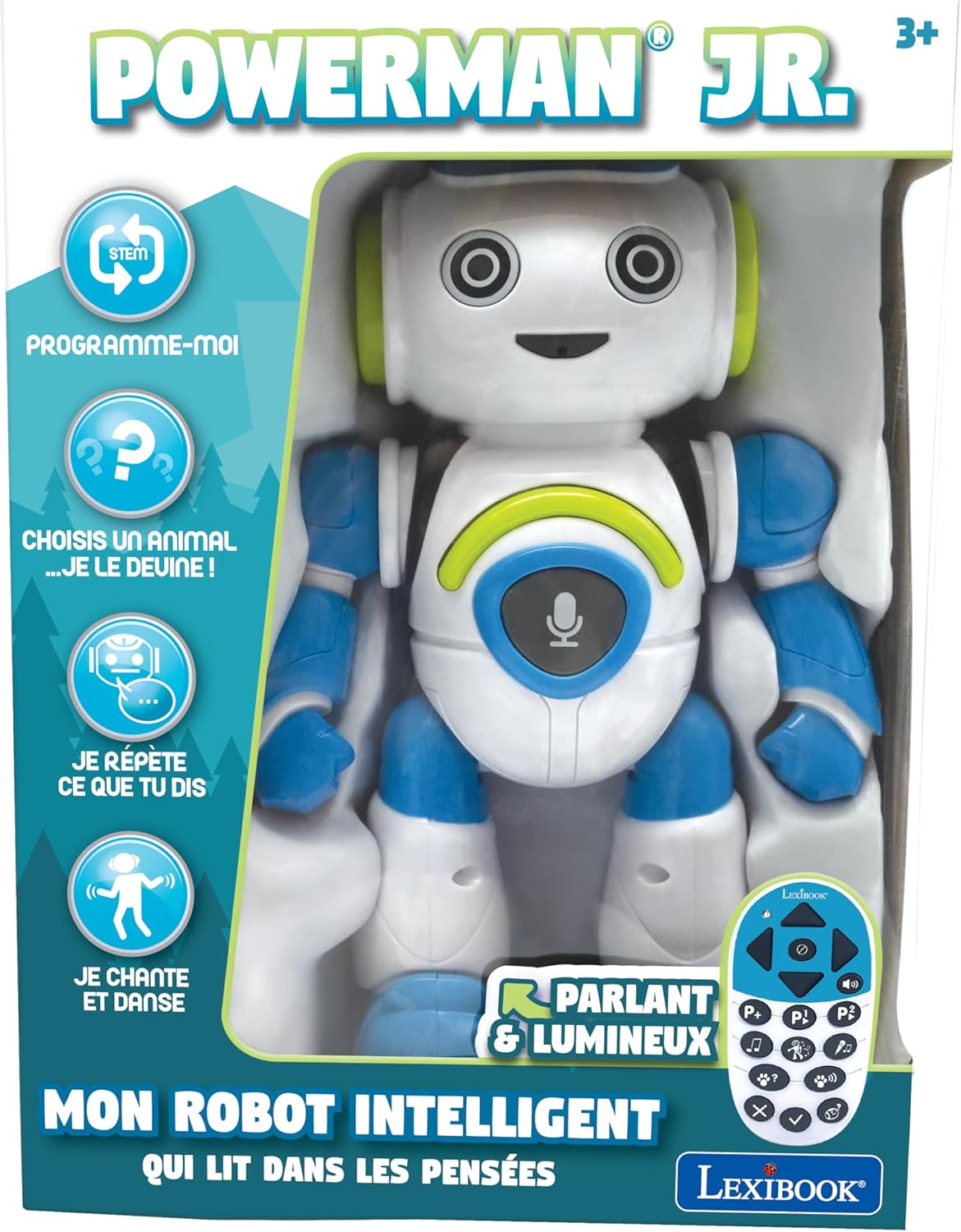 Lexibook - Powerman Jr. Robot Intelligent Qui lit dans Les pensées - Jouet pour garçons et Filles - Powerman Junior Danse Joue de la Musique Quiz Animaux karaoké programmable STEM Vert/Bleu - ROB20FR