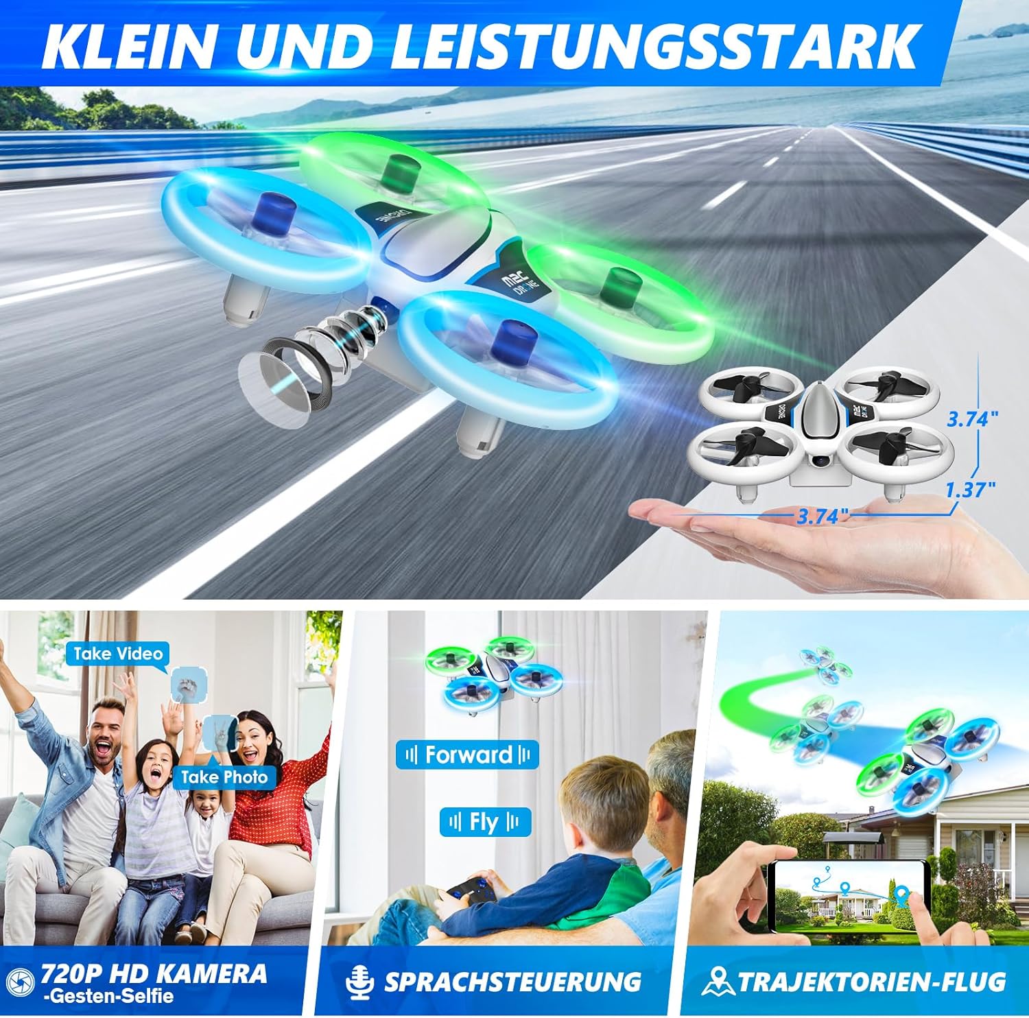 Mini Drone avec Caméra 1080P HD, Drone avec Lumières LED pour Enfant, Quadricoptère Hélicoptère RC avec 3 Batteries 21 Mins Jouet Cadeau pour Garçons et Filles