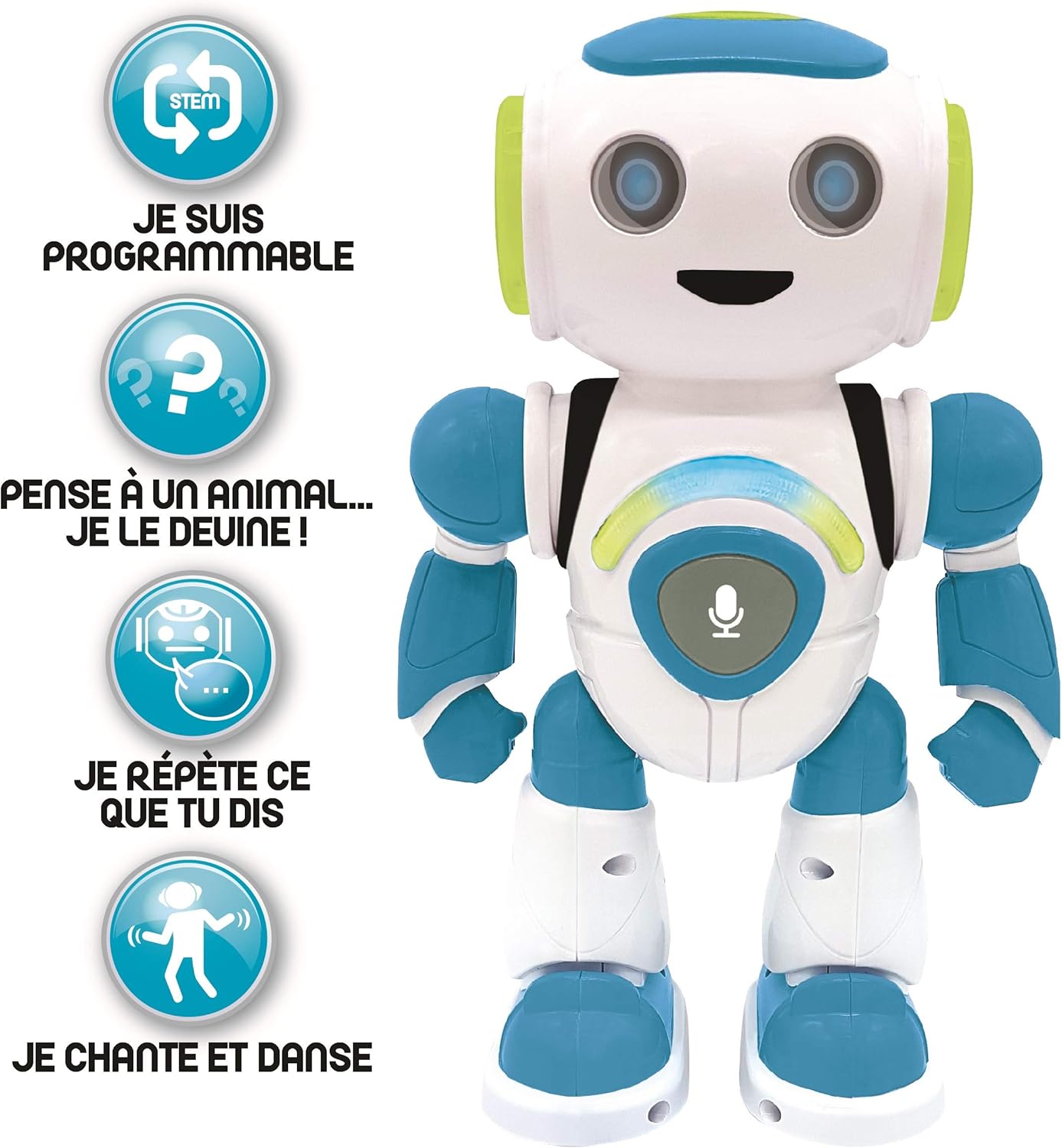 Lexibook - Powerman Jr. Robot Intelligent Qui lit dans Les pensées - Jouet pour garçons et Filles - Powerman Junior Danse Joue de la Musique Quiz Animaux karaoké programmable STEM Vert/Bleu - ROB20FR
