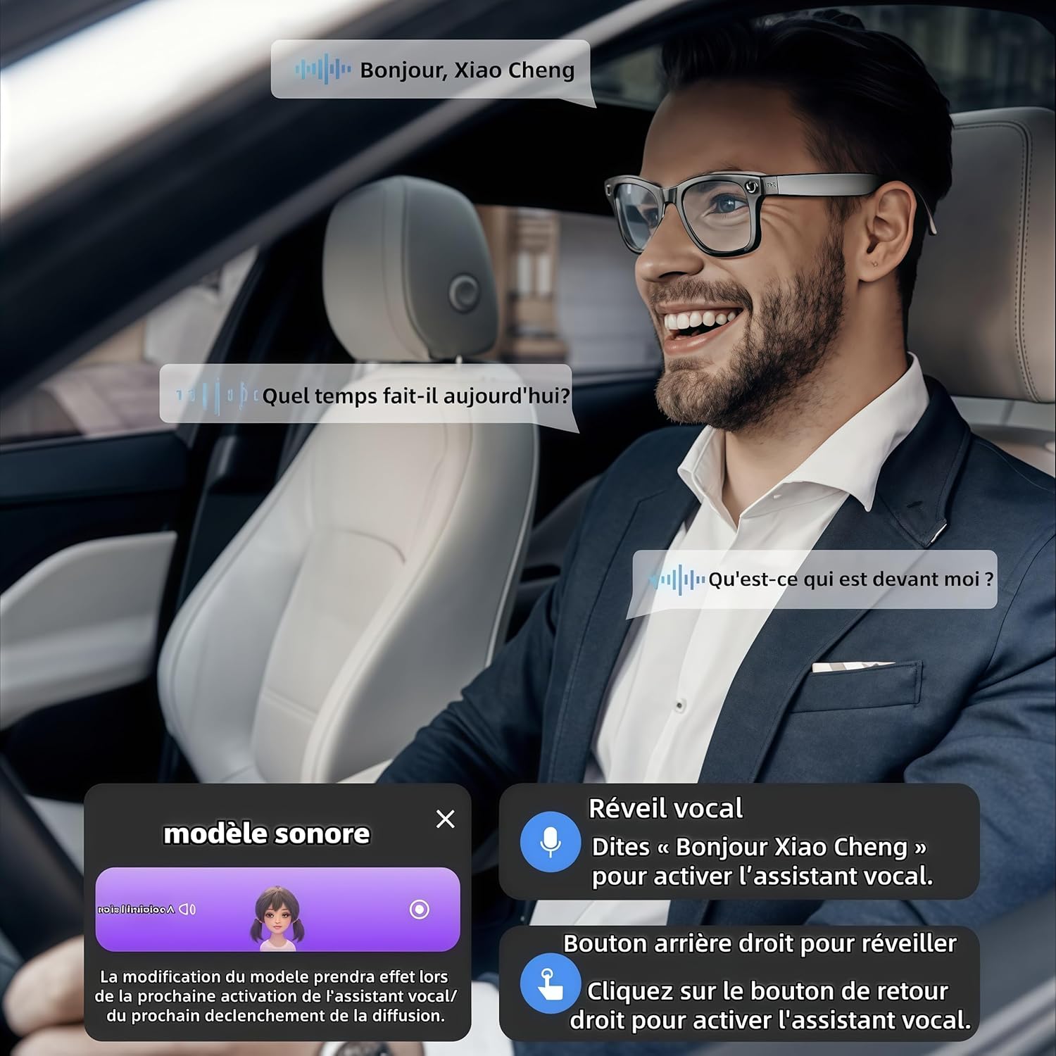 Korons Lunette Connectée-Smart Glasses avec Commande vocale et Reconnaissance Intelligente – Idéales pour Le Travail, Les Voyages et la découverte (Lunettes de Soleil)