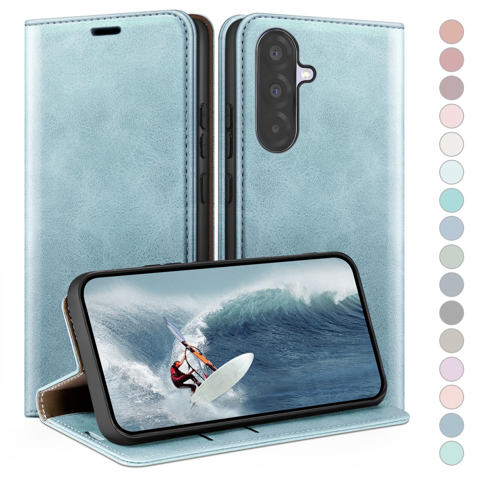 Coque pour Samsung Galaxy A56 avec RFID Blocage Etui à Rabat en Cuir de Premium,Fentes pour Cartes,Coques de Case,Cover à Rabat pour Samsung A56 Portefeuille Bleu Vert