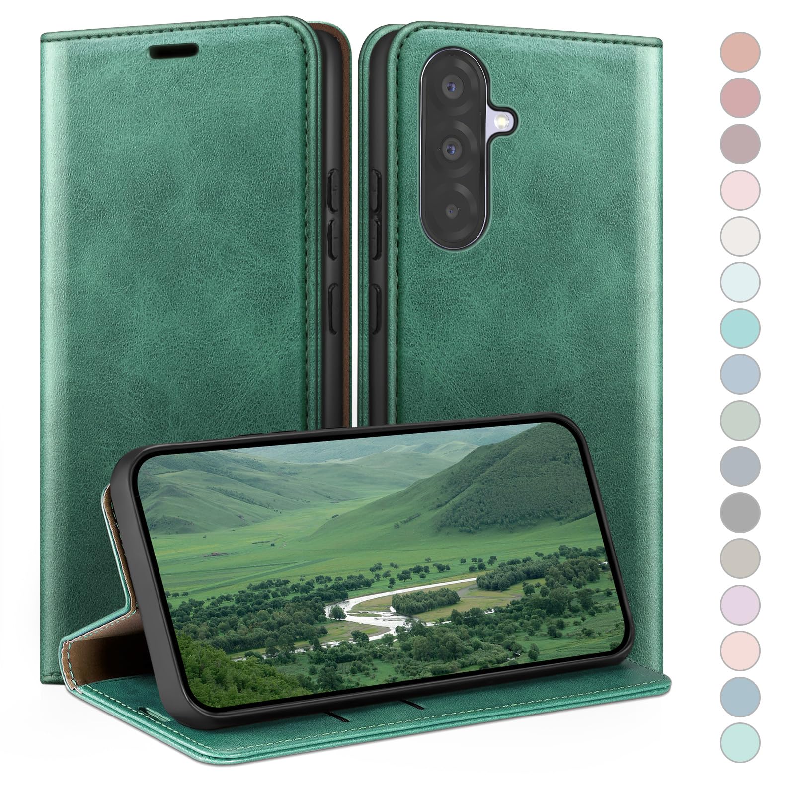 Coque pour Samsung Galaxy A56 avec RFID Blocage Etui à Rabat en Cuir de Premium,Fentes pour Cartes,Coques de Case,Cover à Rabat pour Samsung A56 Portefeuille Bleu Vert