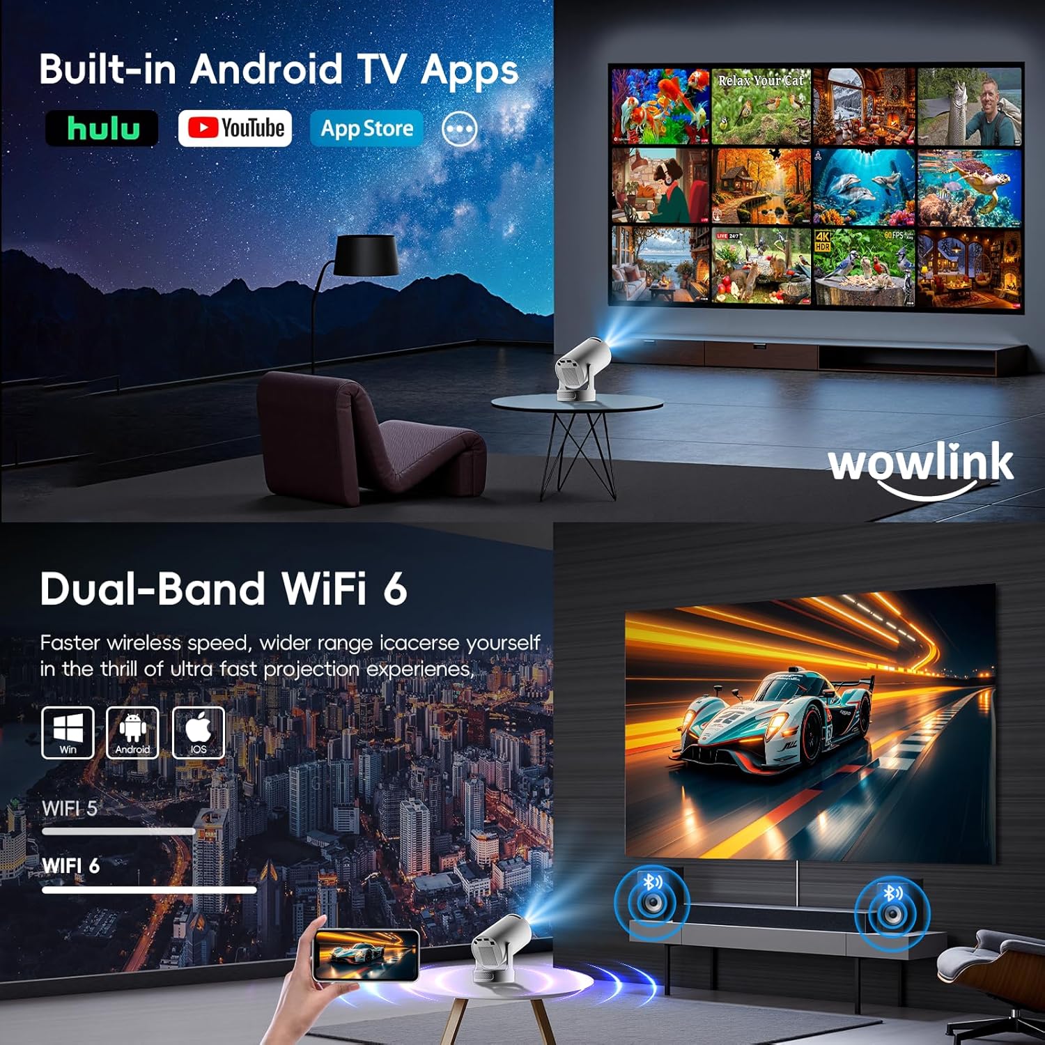 [Apps intégrées & 2025 Upgraded] Vidéoprojecteur avec WiFi 6 et Bluetooth 5.4 Mini Projecteur Supporte 4K 1080P Auto Keystone Rotation 180° Compatibile avec HDMI/TV Stick/Memory Stick/Laptop, Blanc