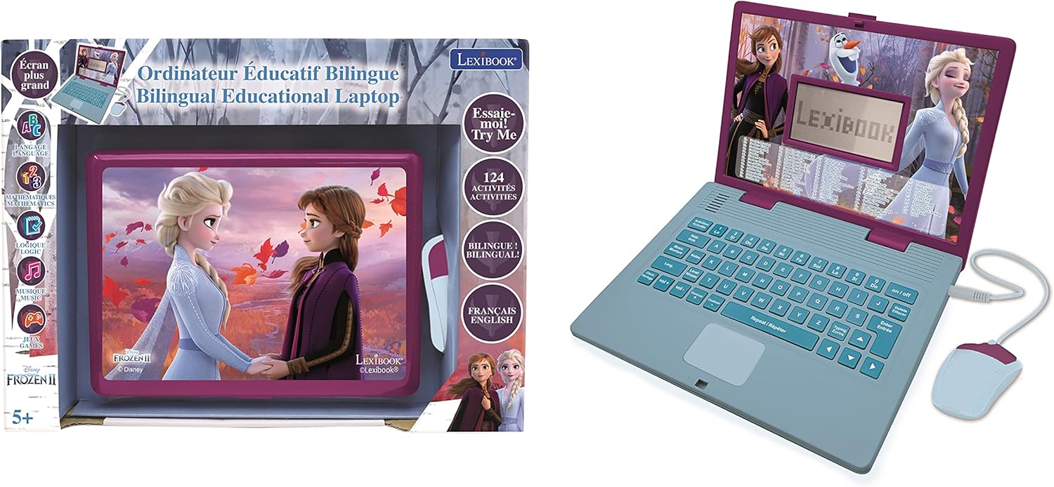 Lexibook, La Reine des Neiges, Ordinateur Éducatif Bilingue FRANÇAIS/Anglais, Jouet Filles avec 124 Activités pour Apprendre, S'amuser et Jouer du Piano, Bleu/Violet, JC598FZi1