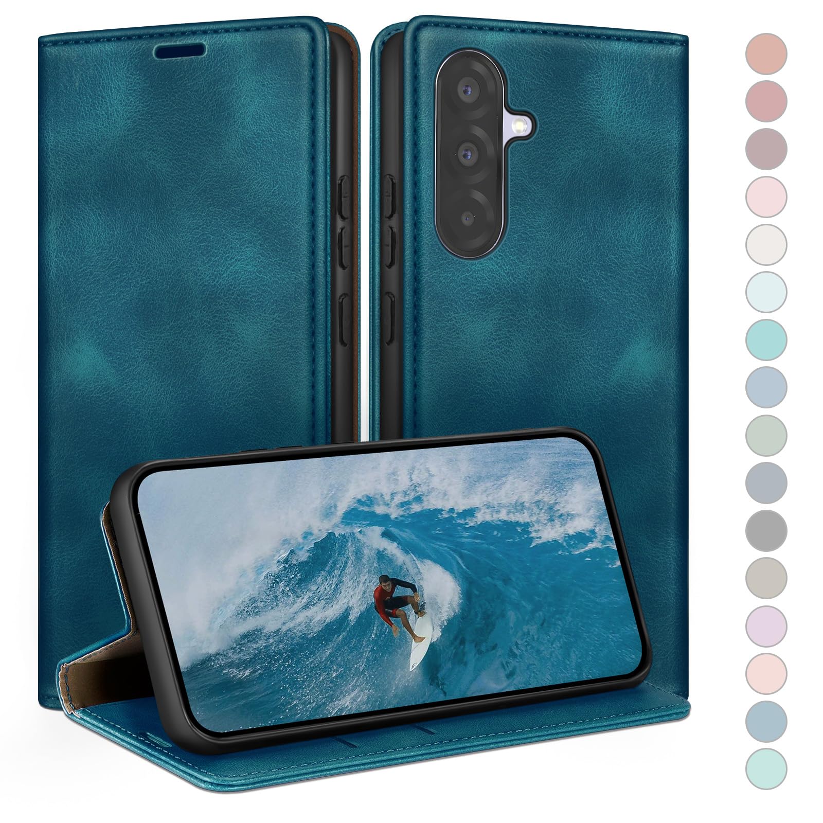 Coque pour Samsung Galaxy A56 avec RFID Blocage Etui à Rabat en Cuir de Premium,Fentes pour Cartes,Coques de Case,Cover à Rabat pour Samsung A56 Portefeuille Bleu Vert