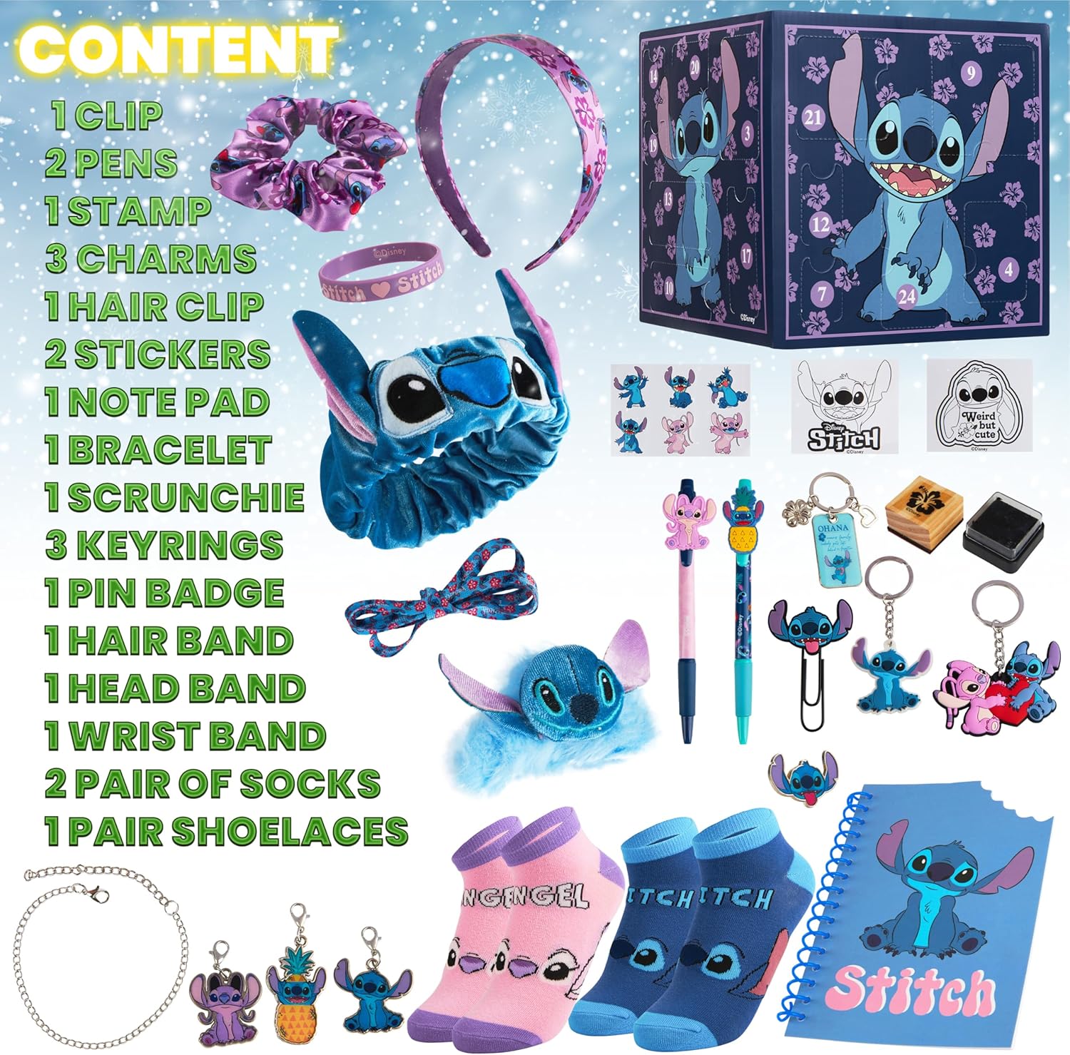 Disney Stitch Calendrier de l'Avent 2025 Compte à Rebours Noel 24 Surprises Papeterie Original et Accessoires Kawaii Collier Porte-clés Stylo (Violet Stitch Cube)