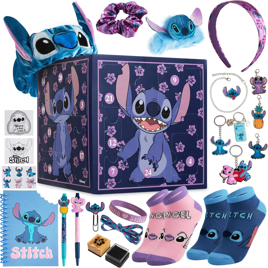Disney Stitch Calendrier de l'Avent 2025 Compte à Rebours Noel 24 Surprises Papeterie Original et Accessoires Kawaii Collier Porte-clés Stylo (Violet Stitch Cube)