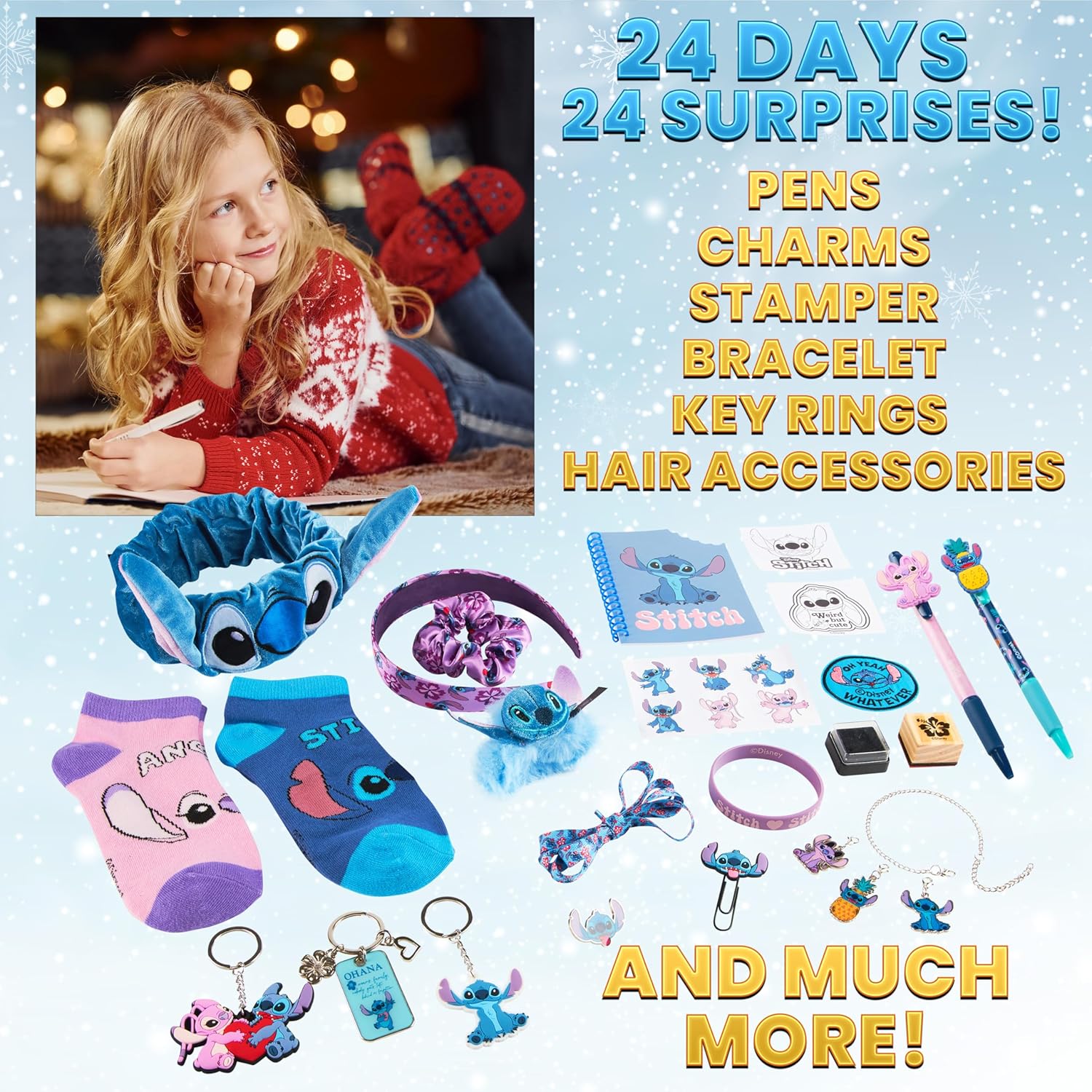 Disney Stitch Calendrier de l'Avent 2025 Compte à Rebours Noel 24 Surprises Papeterie Original et Accessoires Kawaii Collier Porte-clés Stylo (Violet Stitch Cube)