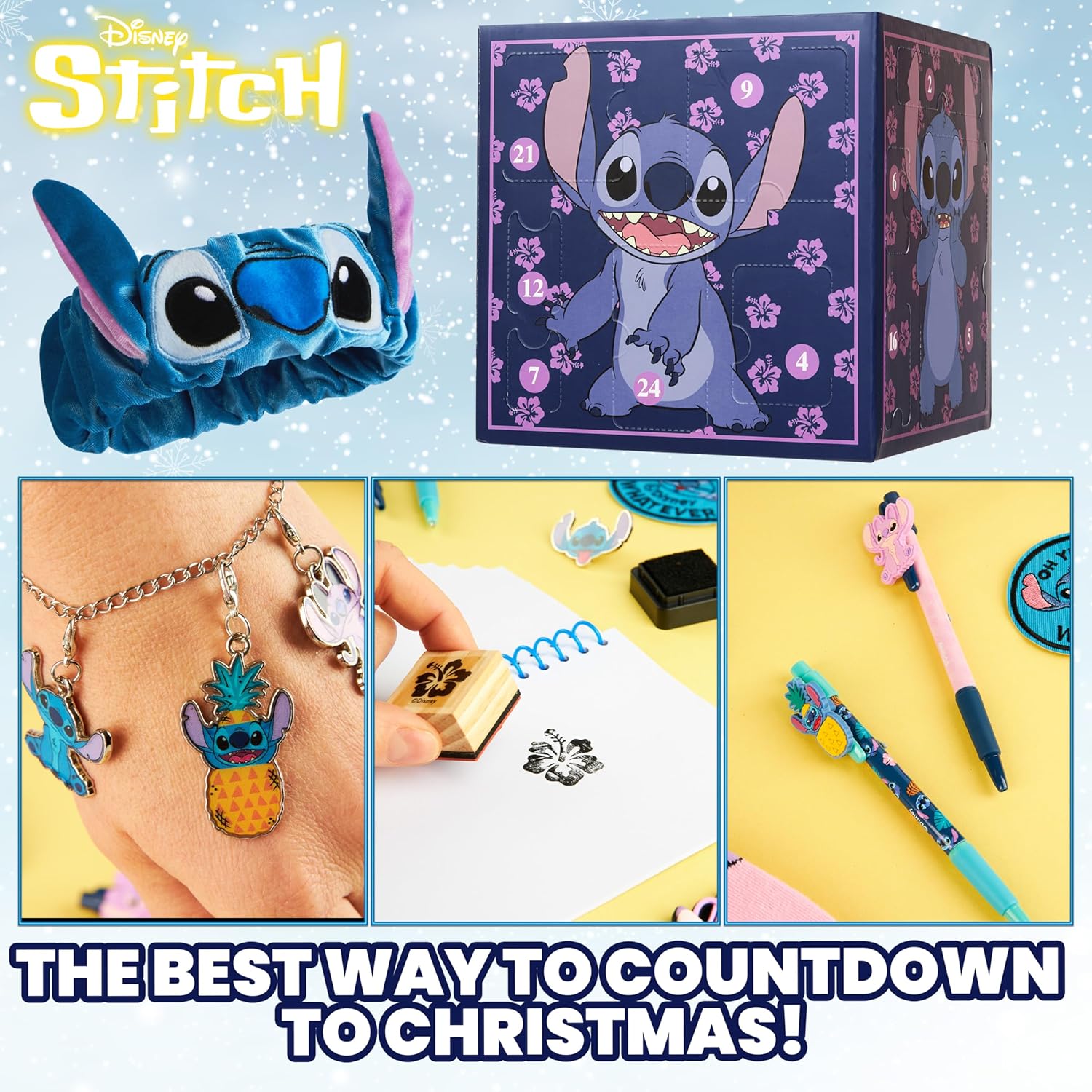 Disney Stitch Calendrier de l'Avent 2025 Compte à Rebours Noel 24 Surprises Papeterie Original et Accessoires Kawaii Collier Porte-clés Stylo (Violet Stitch Cube)