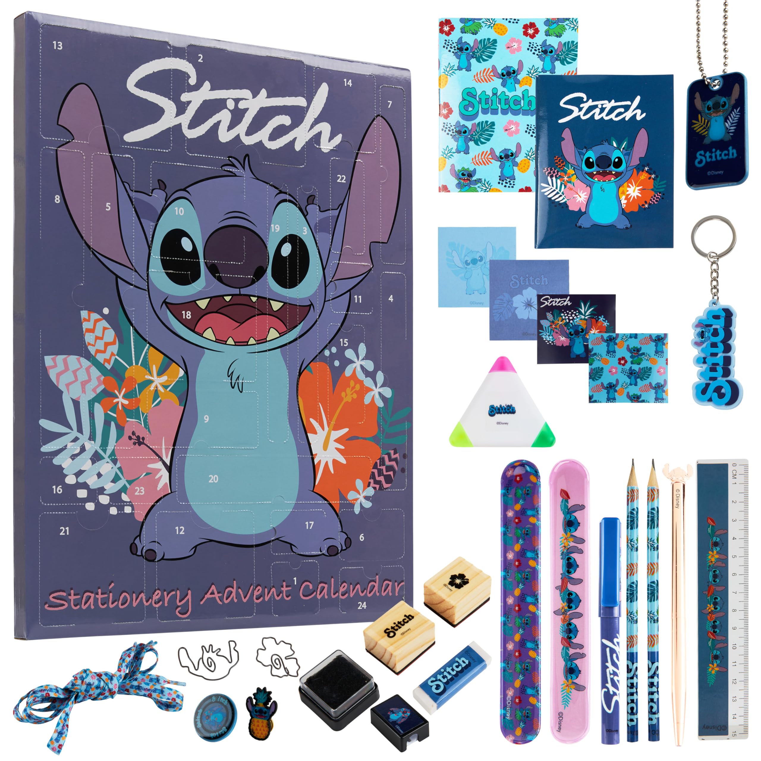 Disney Stitch Calendrier de l'Avent 2025 Compte à Rebours Noel 24 Surprises Papeterie Original et Accessoires Kawaii Collier Porte-clés Stylo (Violet Stitch Cube)
